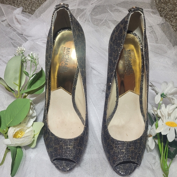 Michael Kors Shoes - 2/$40 Michael Kors metallic Blue , Gold Peep Toe Heels Used EUC..excellent Size9